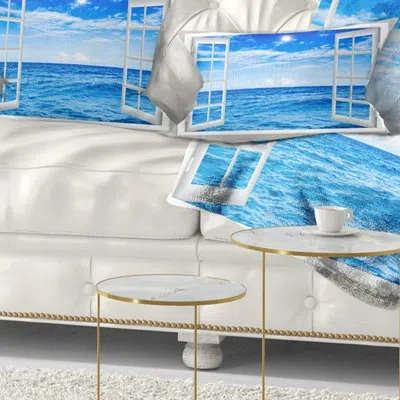 Design Art Window Open To Blue Wavy Ocean - Sea & Shore Printed Throw Pillow