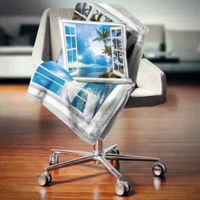 Design Art Window Open To Cloudy Blue Sky - Landscape Printed Pillow In Blue;white