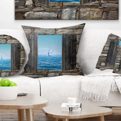 Design Art Window Open To Sailing Boat - Sea & Shore Printed Pillow In Blue