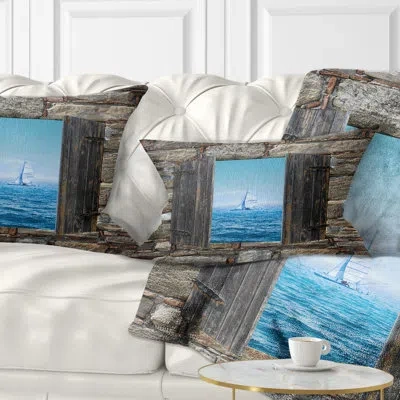 Design Art Window Open To Sailing Boat - Sea & Shore Printed Throw Pillow