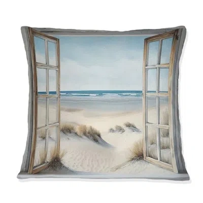 Design Art Window To The Beach Ii - Coastal Beach Printed Pillow In Blue;beige