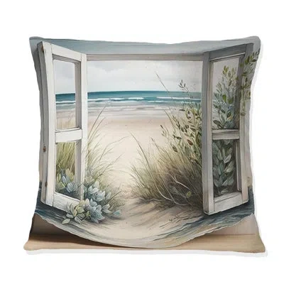 Design Art Window To The Beach V - Coastal Beach Printed Pillow In Blue;green;beige