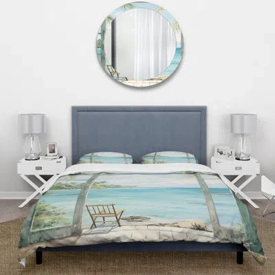 Design Art Windows At The Beach Ii - Coastal Duvet Cover Set - Microfiber Polyester In Green