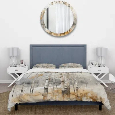 Design Art Winter Birch Wood Forest I - Floral Duvet Cover Set - Microfiber Polyester In White;yellow