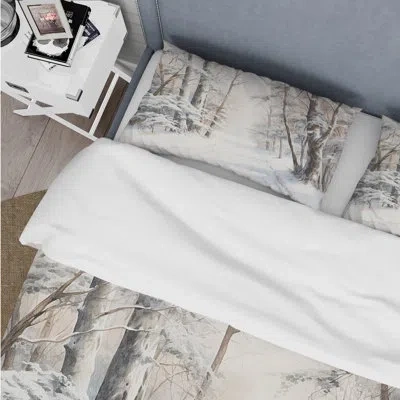 Design Art Winter Forest Snow Charm Landscape - Landscapes Duvet Cover Set - Microfiber Polyester In Brown;white