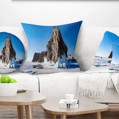 Design Art Winter Lake Baikal Panorama - Sea & Shore Printed Throw Pillow In Blue;white