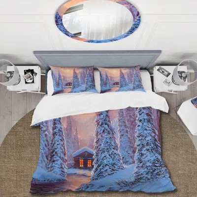 Design Art Winter Landscape & The River House In The Woods I - Country Duvet Cover Set - Microfiber Polyester In Blue,purple
