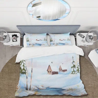 Design Art Winter Landscape Frozen River In The Forest - Lake House Duvet Cover Set - Microfiber Polyester In White,blue