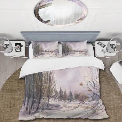 Design Art Winter Landscape With Purple Snowy Tones - Traditional Duvet Cover Set - Microfiber Polyester In Light Purple,green