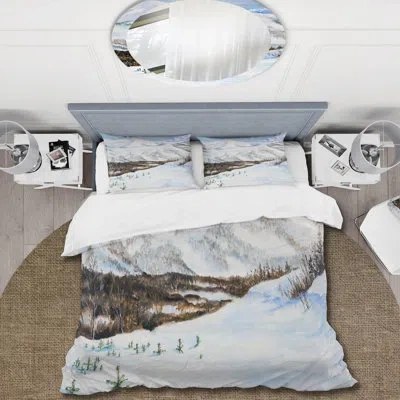 Design Art Winter Landscape With Snow-capped Mountains - Traditional Duvet Cover Set - Microfiber Polyester In Brown,blue
