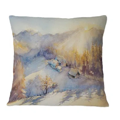 Design Art Winter Mountain Landscape And Farm With Snow - Country Printed Throw Pillow In White
