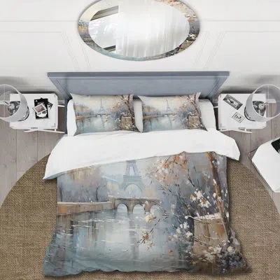 Design Art Winter Paris Eiffel Tower City Charm I - Cityscapes Duvet Cover Set - Microfiber Polyester In Blue;gray
