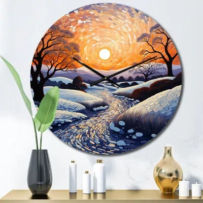 Design Art Winter River At Night I Metal Wall Clock In Black;white;yellow