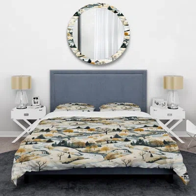 Design Art Winter Scandinavian Landscape Duvet Cover Set In Green;beige;yellow