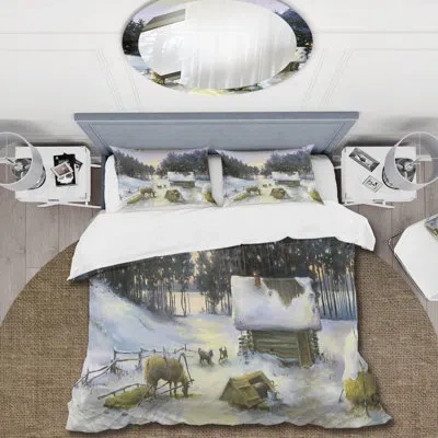 Design Art Winter Scene With Cottage Covered In Snow - Country Duvet Cover Set - Microfiber Polyester In Green,brown