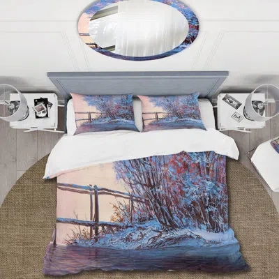 Design Art Winter Scenery With Bridge Of Meandering River I - Lake House Duvet Cover Set - Microfiber Polyester In Blue,purple