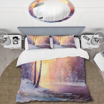 Design Art Winter Scenery With Bridge Of Meandering River Ii - Country Duvet Cover Set - Microfiber Polyester In Yellow,purple