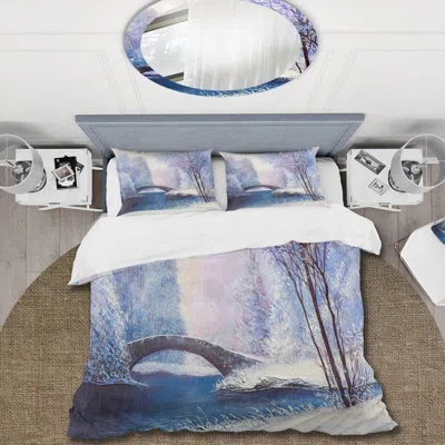 Design Art Winter Scenery With Bridge Of Meandering River Iii - Country Duvet Cover Set - Microfiber Polyester In Blue,white