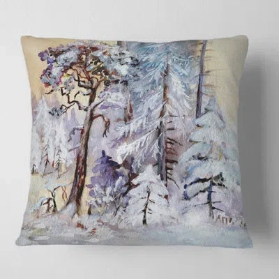 Design Art Winter Snowy Forest By The Lake Square Pillow Cover And Insert In White