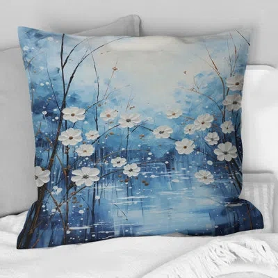 Design Art Winters Flowers Embrace Pointillism - Snow Printed Throw Pillow In White