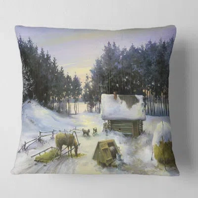 Design Art Winterscene With Cottage Cove In Snow Square Pillow Cover & Insert In White