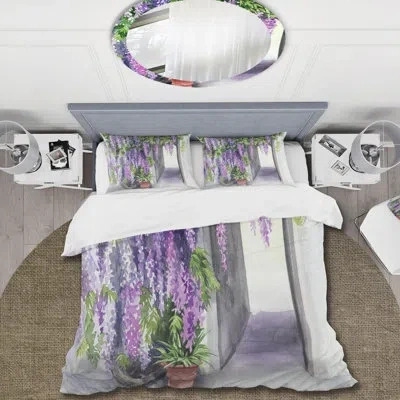 Design Art Wisteria Blossom - Traditional Duvet Cover Set - Microfiber Polyester In Purple,pink,green