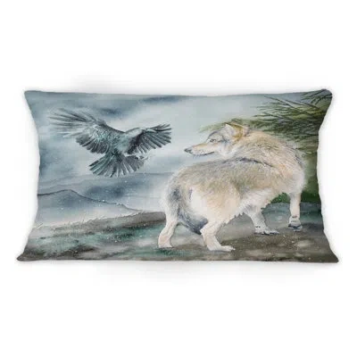 Design Art Wolf And A Raven On A Hill Under Falling Snow - Traditional Printed Throw Pillow 1