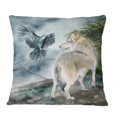 Design Art Wolf And A Raven On A Hill Under Falling Snow - Traditional Printed Throw Pillow In Black;beige
