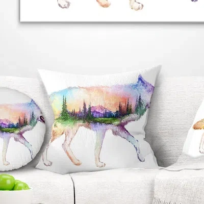Design Art Wolf Double Exposure - Animal Printed Pillow In White