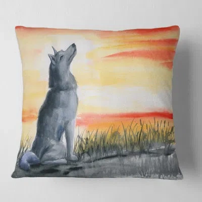 Design Art Wolf Howling At The Moon Square Pillow Cover & Insert In Orange