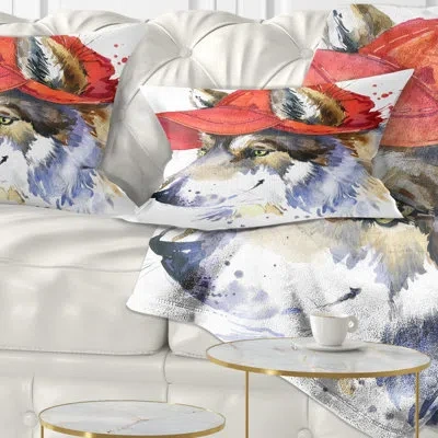 Design Art Wolf With Red Cap - Animal Printed Throw Pillow