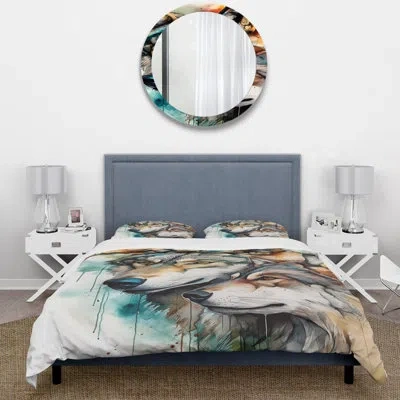 Design Art Wolves Portrait Watercolor I - Animals Duvet Cover Set - Microfiber Polyester In Brown;white