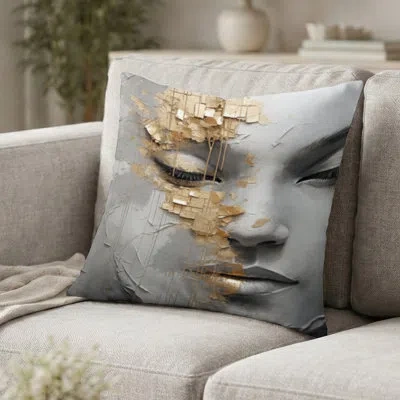 Design Art Woman Abstract Decorative Cushion - Woman Meditation Mind Iii Printed Throw Pillow In Gray