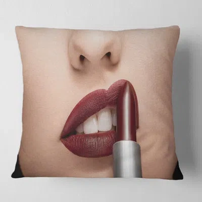 Design Art Woman Applying Lipstick On Lips Square Pillow Cover & Insert In Red