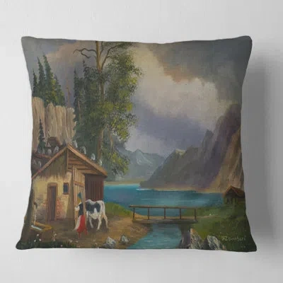 Design Art Woman Brings The Cow Into The Stable At A Lake Square Pillow Cover & Insert In Blue