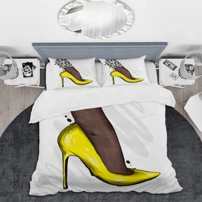 Design Art Woman Foot In Yellow High Heel Stiletto I - Modern Duvet Cover Set - Microfiber Polyester In Black;yellow