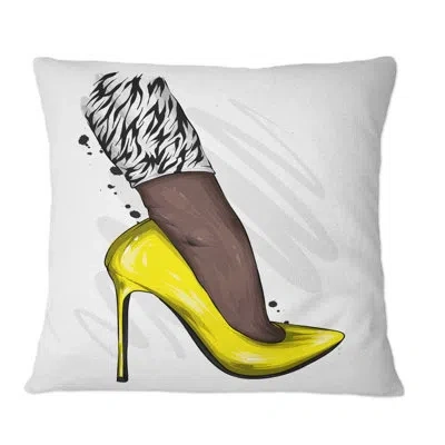 Design Art Woman Foot In Yellow High Heel Stiletto I - Modern Printed Throw Pillow In Black;yellow
