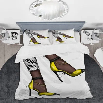 Design Art Woman Foot In Yellow High Heel Stiletto Ii - Modern Duvet Cover Set - Microfiber Polyester In Yellow,black