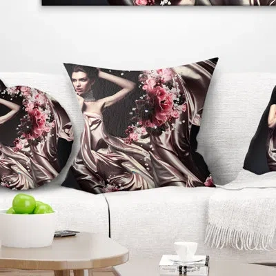 Design Art Woman In Fabric And Flowers - Abstract Printed Throw Pillow In Red;pink