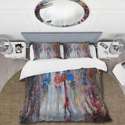Design Art Woman In Red Crossing The Street - Traditional Duvet Cover Set - Microfiber Polyester In Gray,red,blue