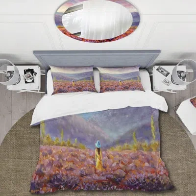 Design Art Woman In Yellow Dress & Hat Walking Through Fields - Traditional Polyester Duvet Cover Set In Pink,purple