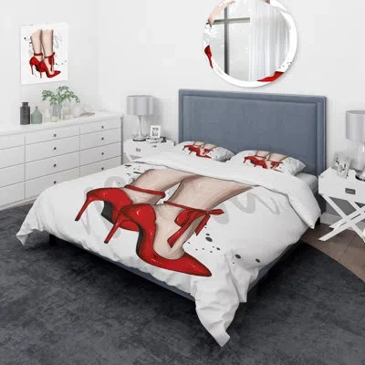 Design Art Woman Legs In Red Heel Stilettos Ii - Modern Duvet Cover Set - Microfiber Polyester In White;red;beige