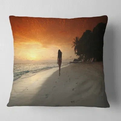 Design Art Woman Walking On Beach - Beaches Printed Pillow In Yellow