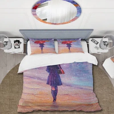 Design Art Woman Walking With Red Umbrella Under The Rain - French Duvet Cover Set - Microfiber Polyester In Red,blue,orange