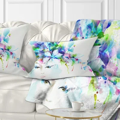 Design Art Woman With Blue Flowers - Floral Printed Throw Pillow