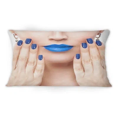 Design Art Woman With Blue Lips Touching Her Lips -1 Glam Printed Throw Pillow