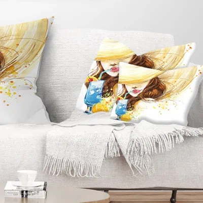 Design Art Woman With Fruit Cocktail - Abstract Printed Pillow In Blue;brown