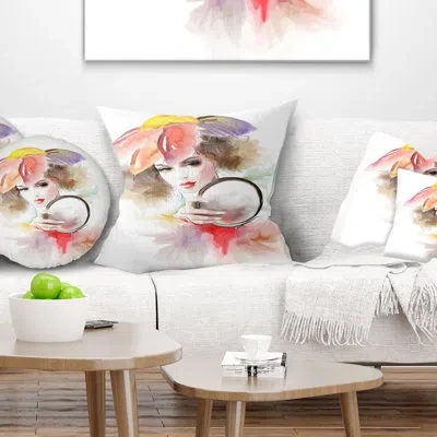 Design Art Woman With Mirror - Street Art Printed Throw Pillow In Brown;red