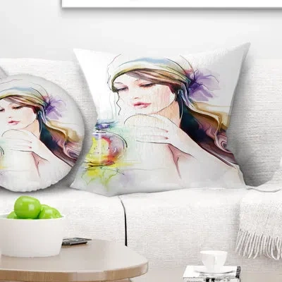Design Art Woman With Perfume Bottle - Street Art Printed Throw Pillow In Brown;yellow