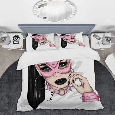 Design Art Woman With Pink Bunny Mask I - Shabby Elegance Duvet Cover Set - Microfiber Polyester In Pink,white